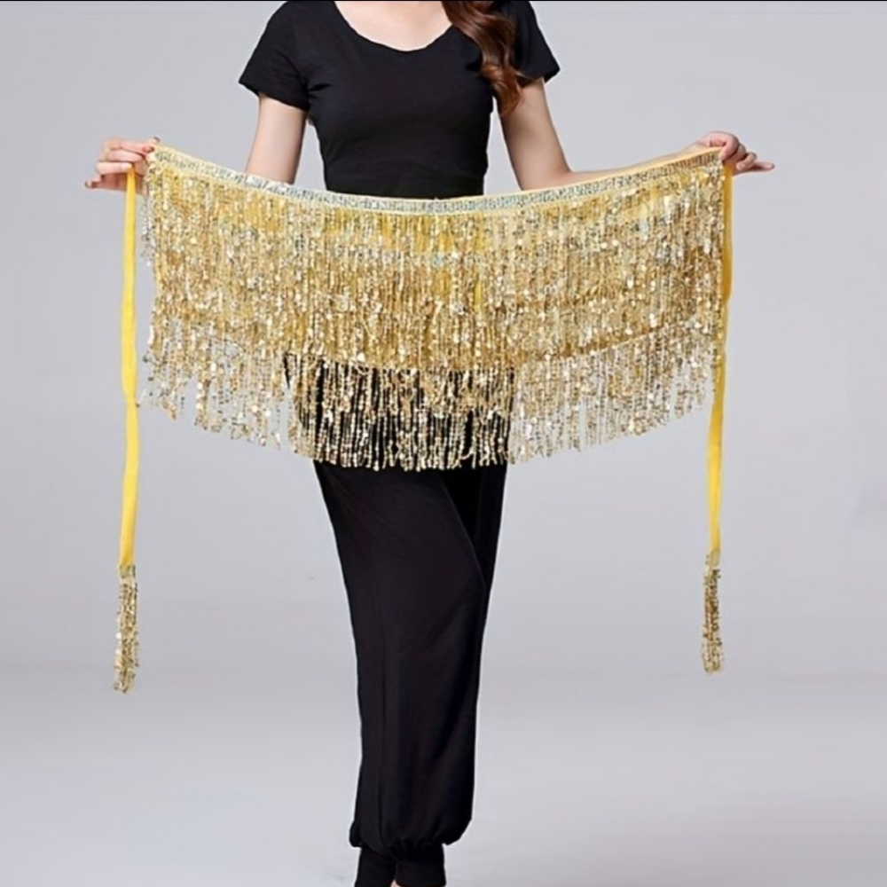 Boho Sequin Tassel Hip Scarf Multilayer Belly Dance Belt mini skirt - Gold - OS